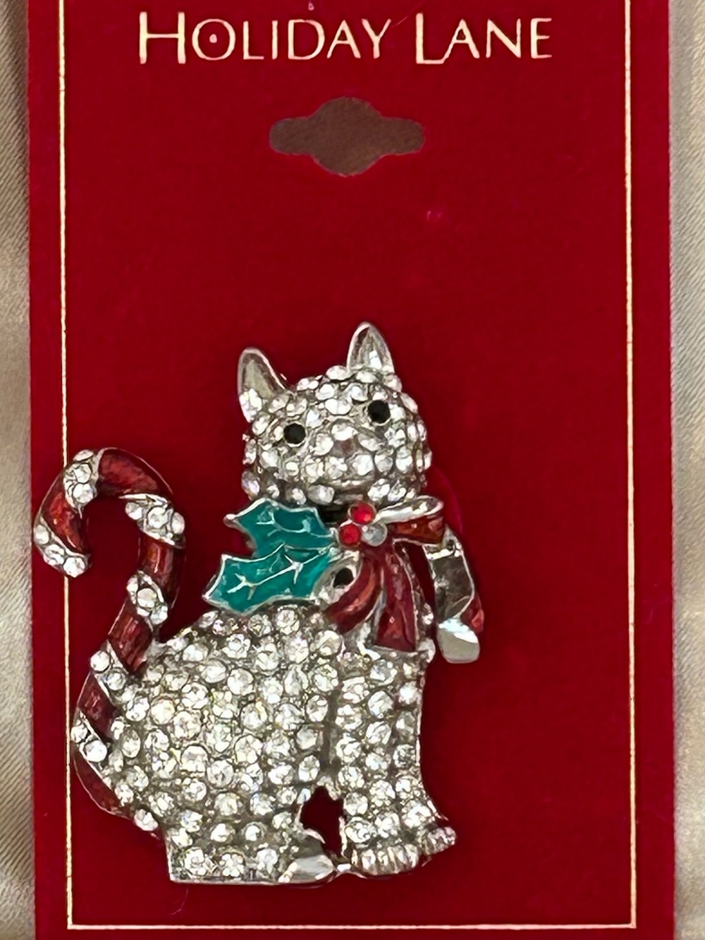 Crystal Cat Holiday Brooch - Silver Tone with Red & Green Accents